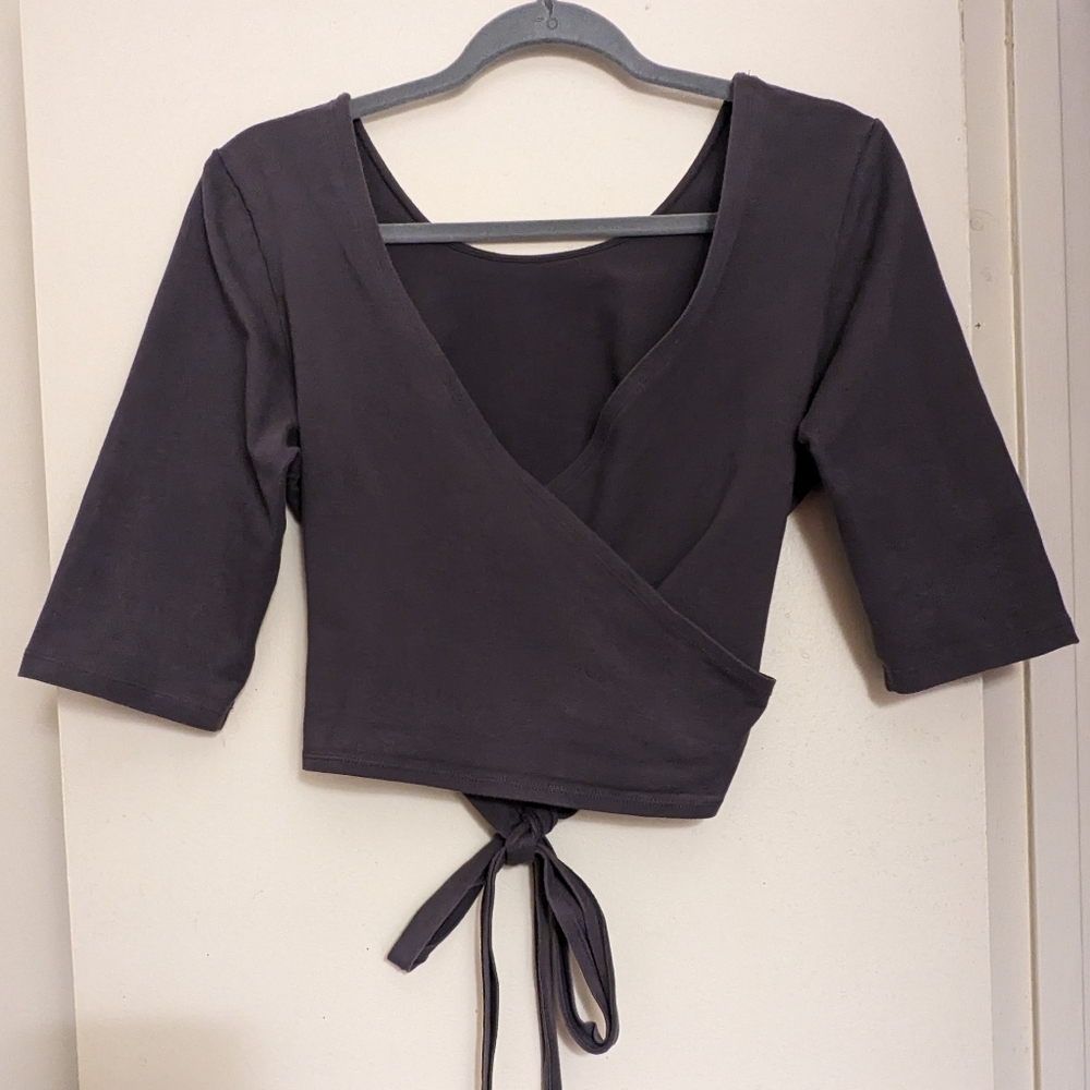 Manners London grey reversible cropped wrap top, size L